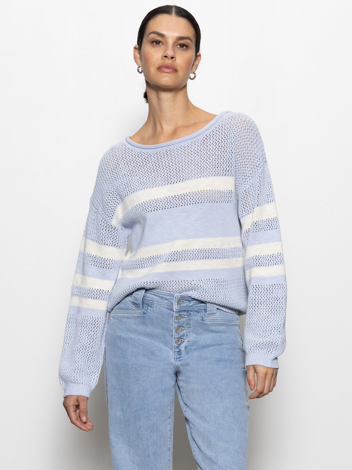 SPORTY STRIPE OPEN KNIT SWEATER SKY BLUE WITH CHALK STRIPE