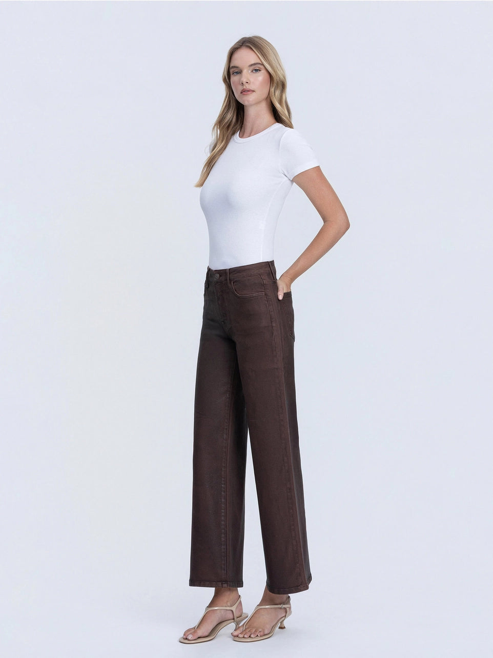 High Rise Chicory Coffee Coated Wide Leg Jeans