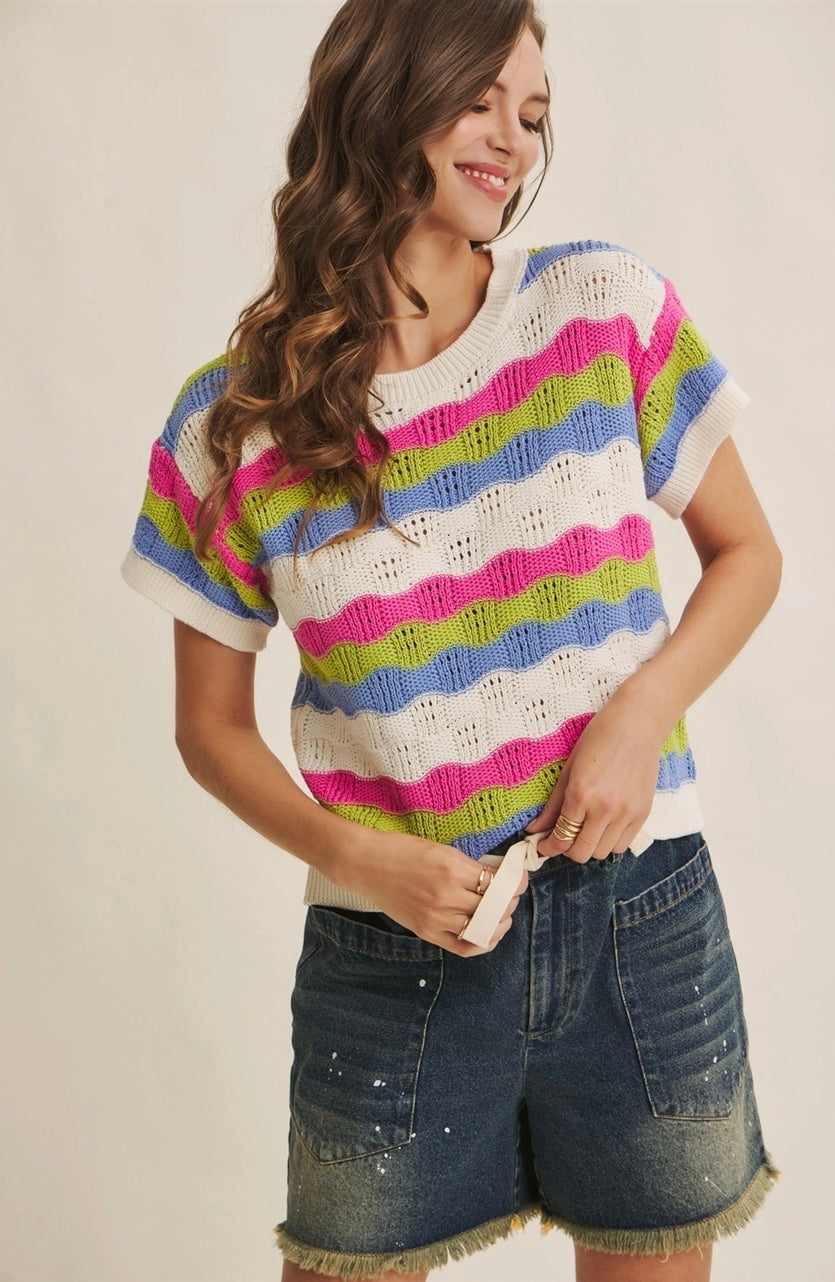 Retro Summer Multi Stripe Textured Crochet Sweater Top