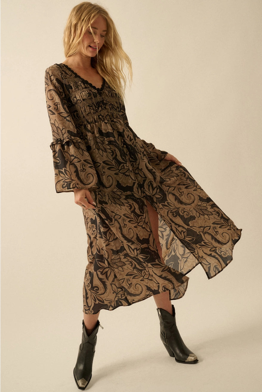 Floral Smocked Bell-Sleeve Button-Front Midi Dress