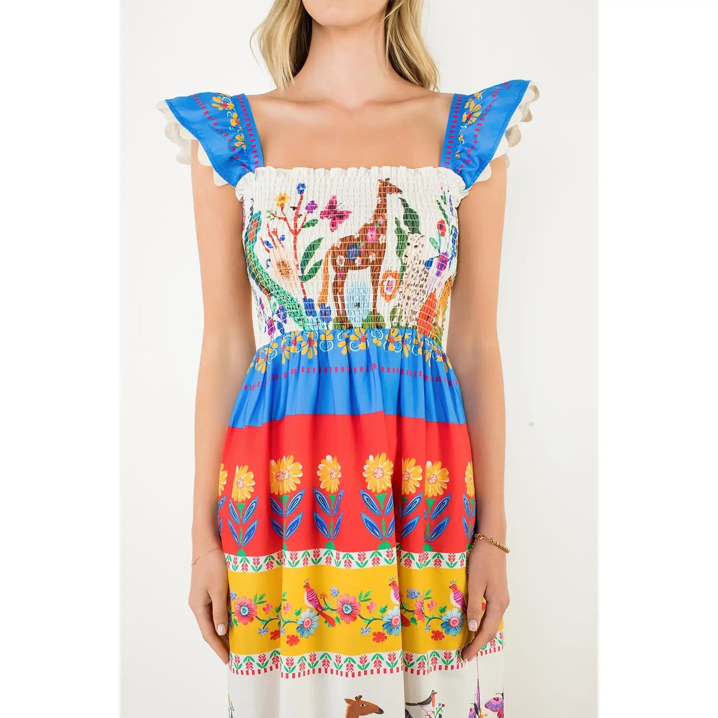 Smocked Flutter Sleeve Animal Print Maxi Dress