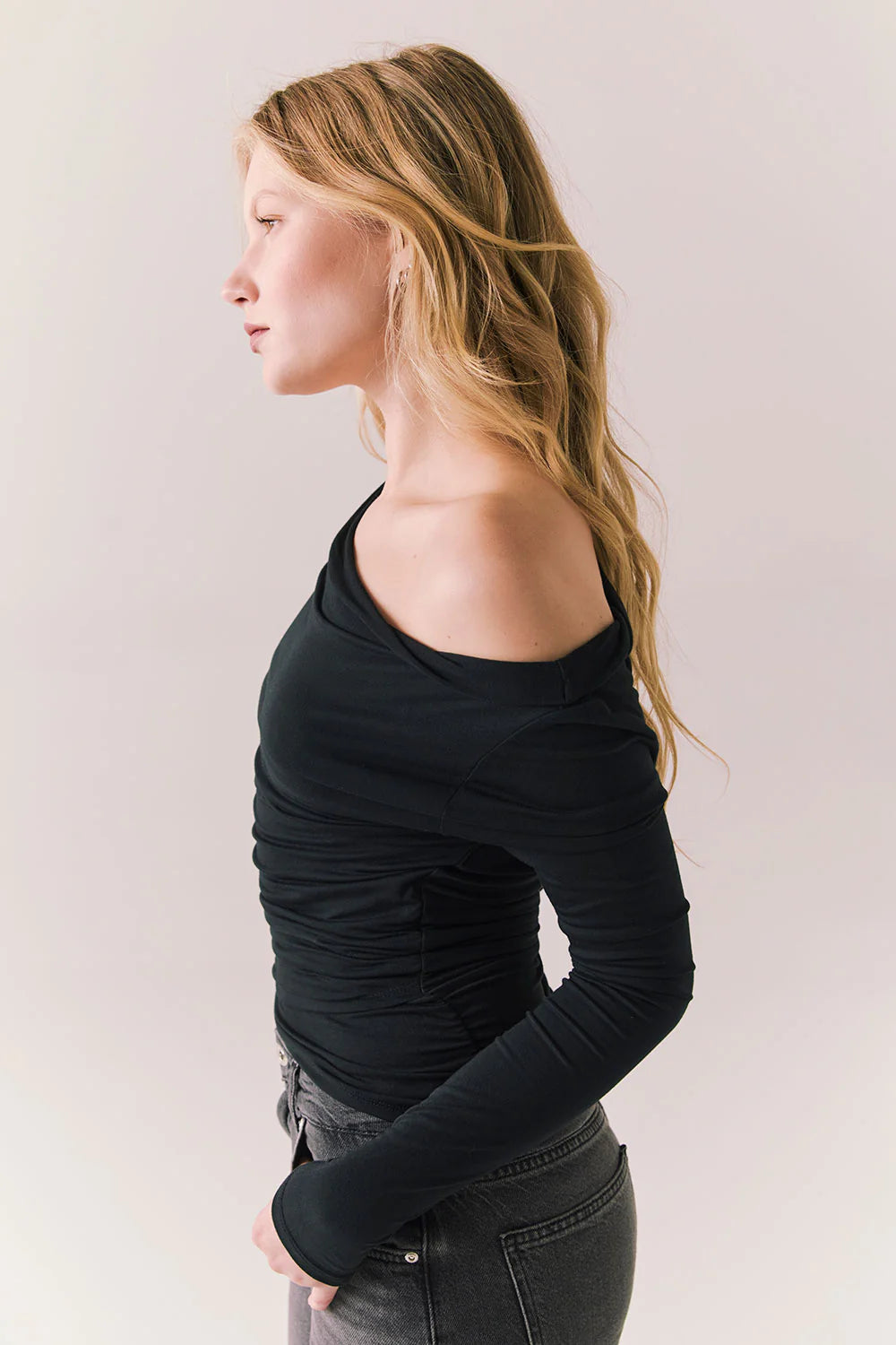 Ivy Black Long Sleeve Top – Off-the-Shoulder Fitted Shirt in True Black