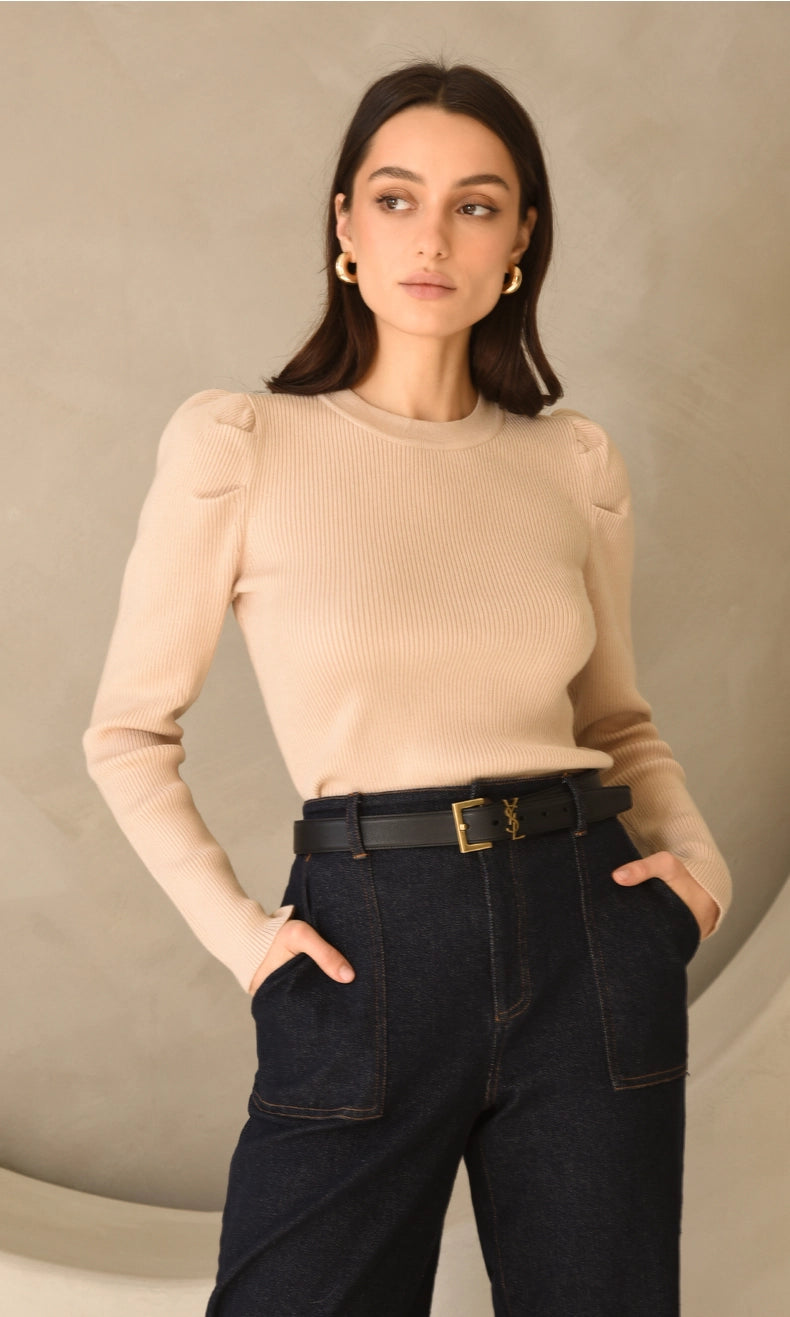 Felina Puff Sleeve Ribbed Knit Top