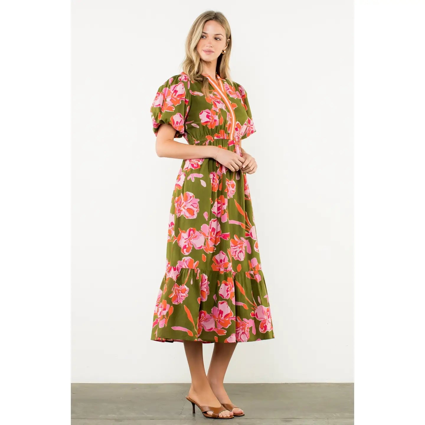 Puff Sleeve Floral Midi Dress