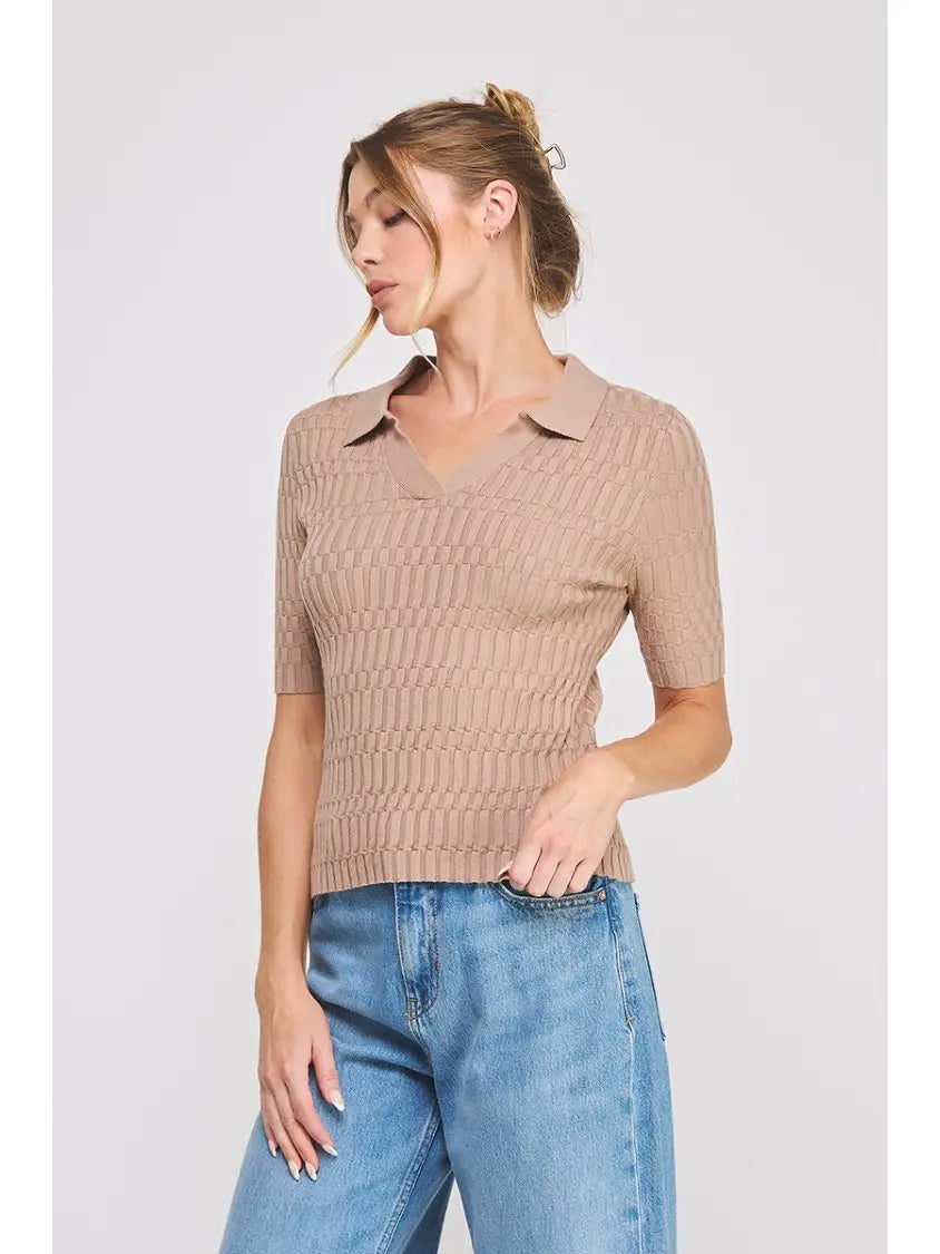 Patterned Rib Fine Gauge Polo Top