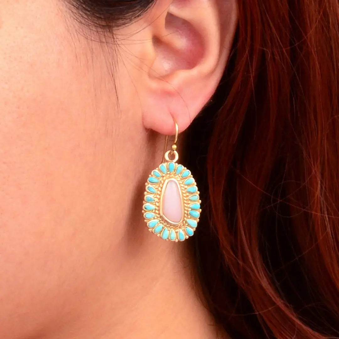 Cactus Rose Pink Opal and Blue Turquoise Golden Earrings