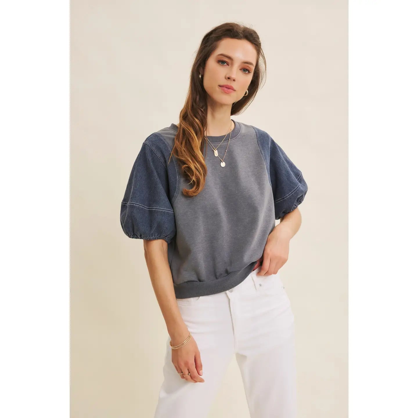 Mineral-Washed Fabric Mix Top with Contrast Stitching