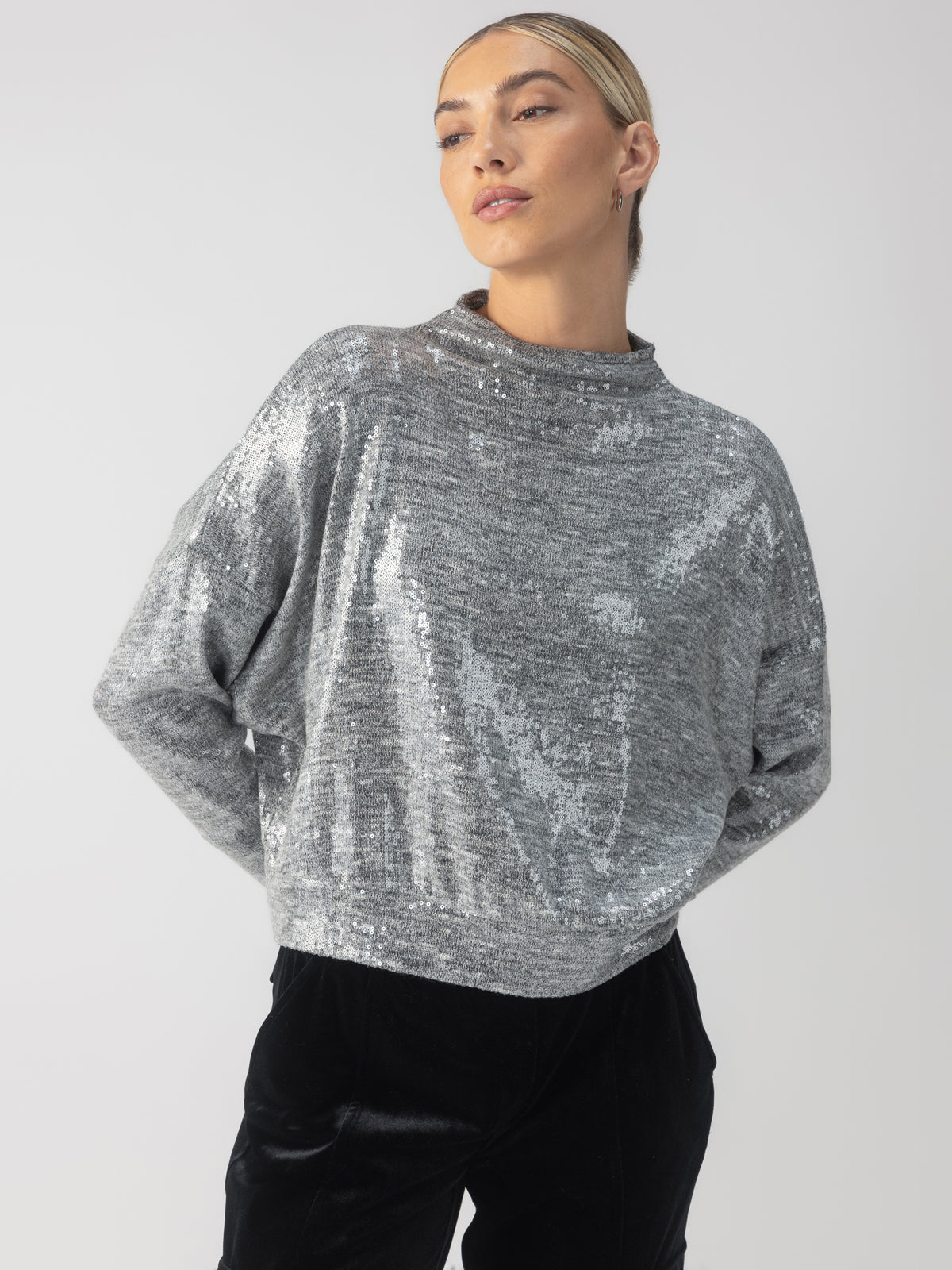 SEQUIN FUNNEL NECK TOP HEATHER GREY SEQUIN