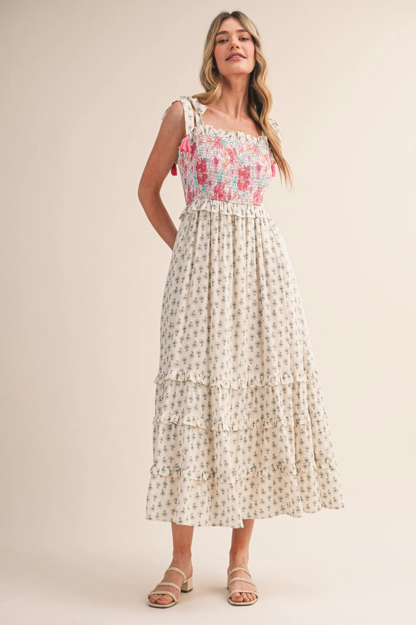 Floral Print Smocked Bodice Midi Dress