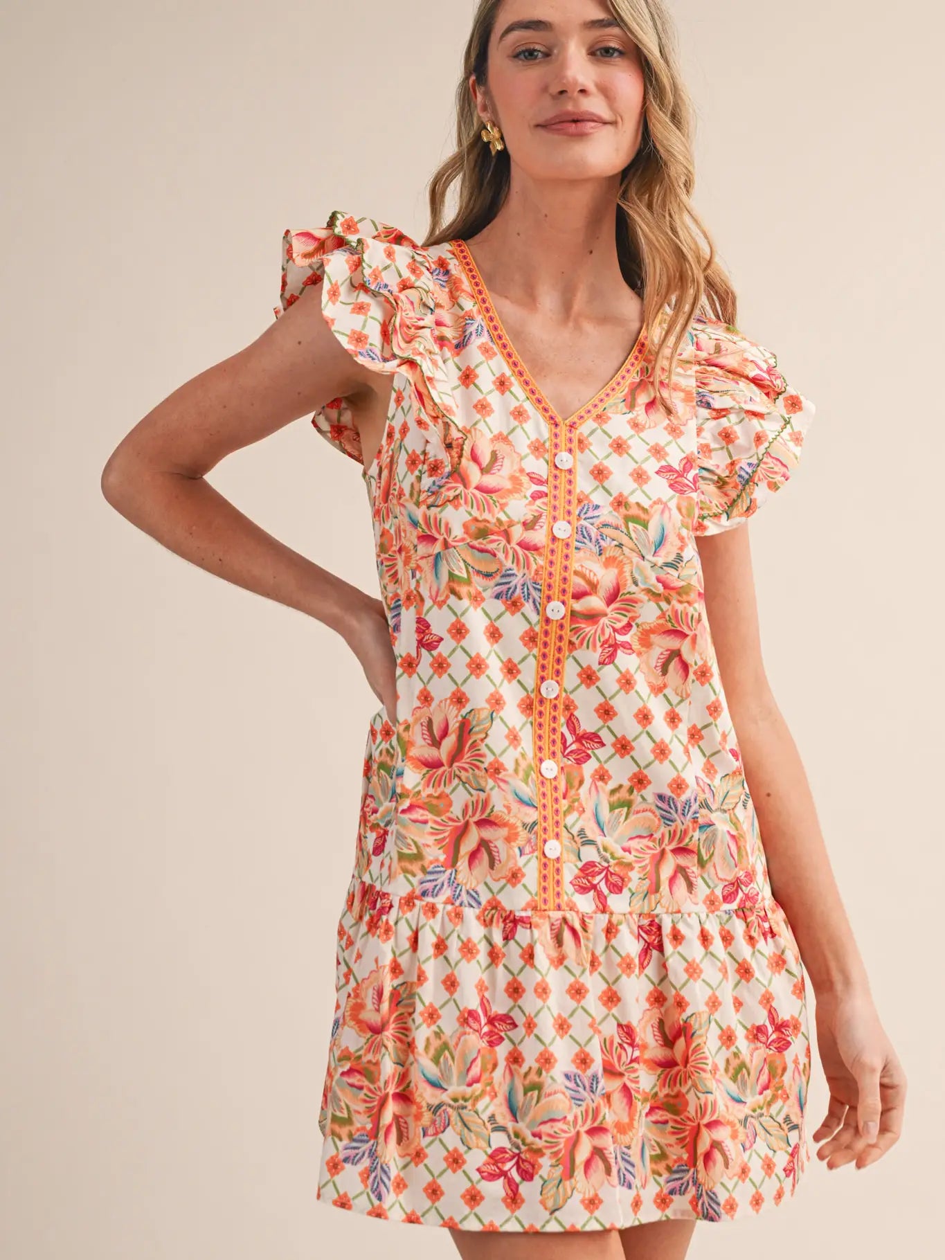 Floral Print Flutter Sleeve Mini Dress