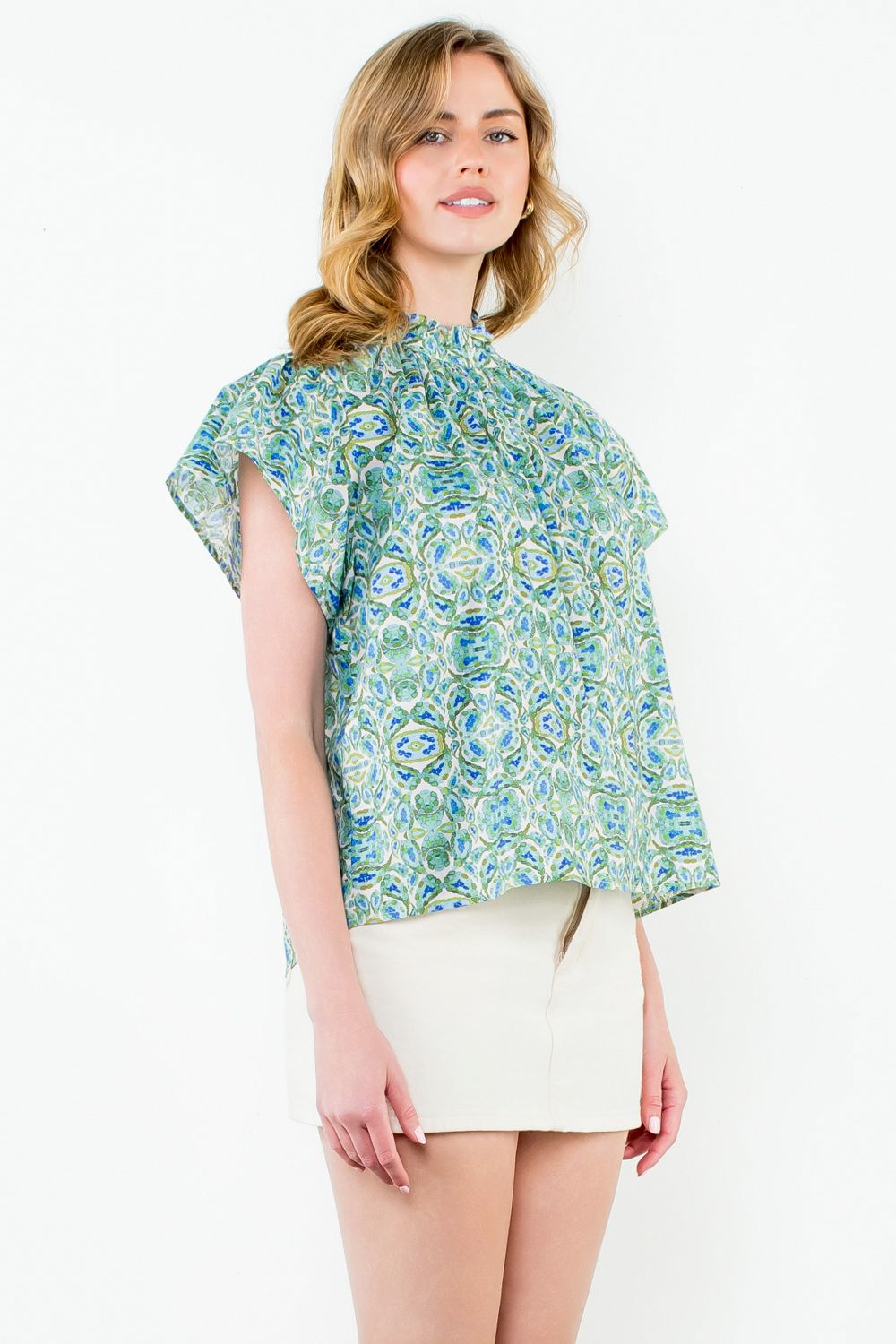 Turquoise Flutter Sleeve Print Top