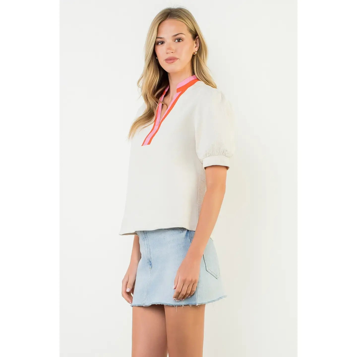 Puff Sleeve Textured V-Neck Top