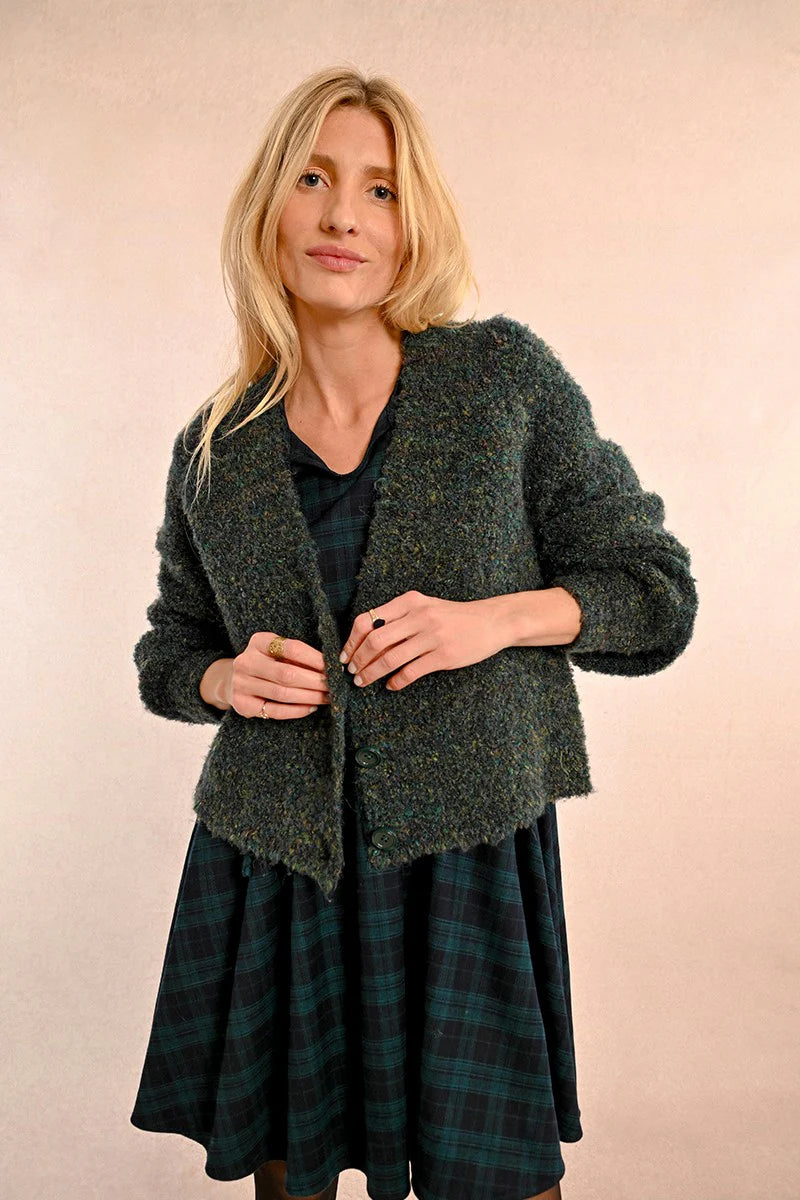 V-NECK CARDIGAN, PUFFED SLEEVES