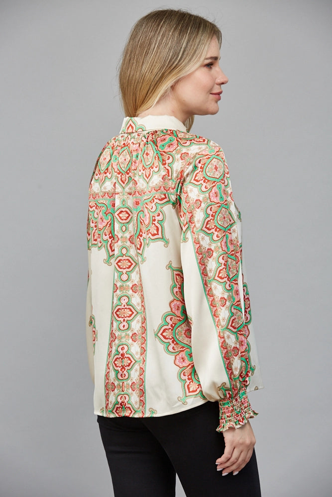 Abstract Border Print Button Down Blouse