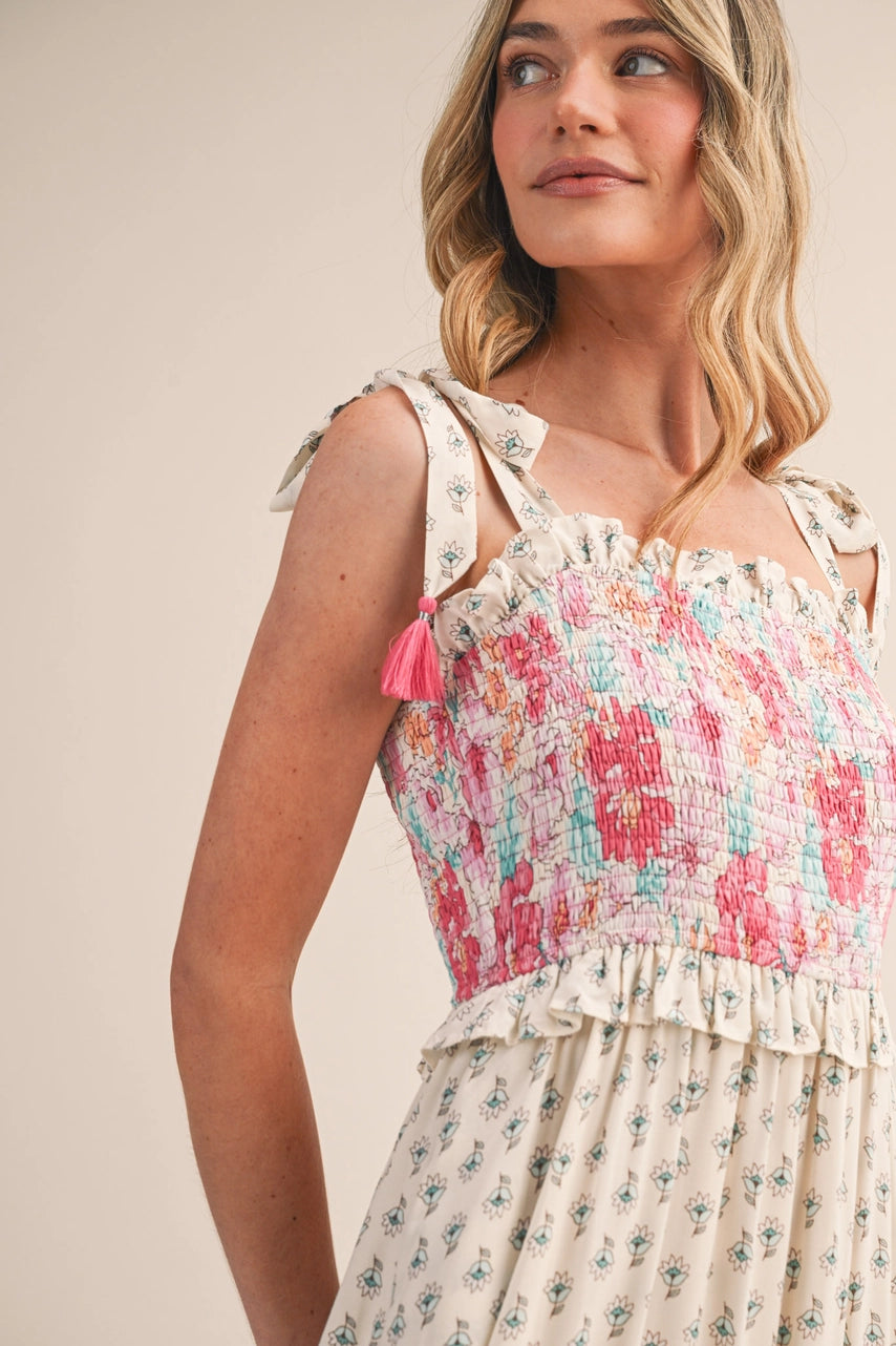 Floral Print Smocked Bodice Midi Dress