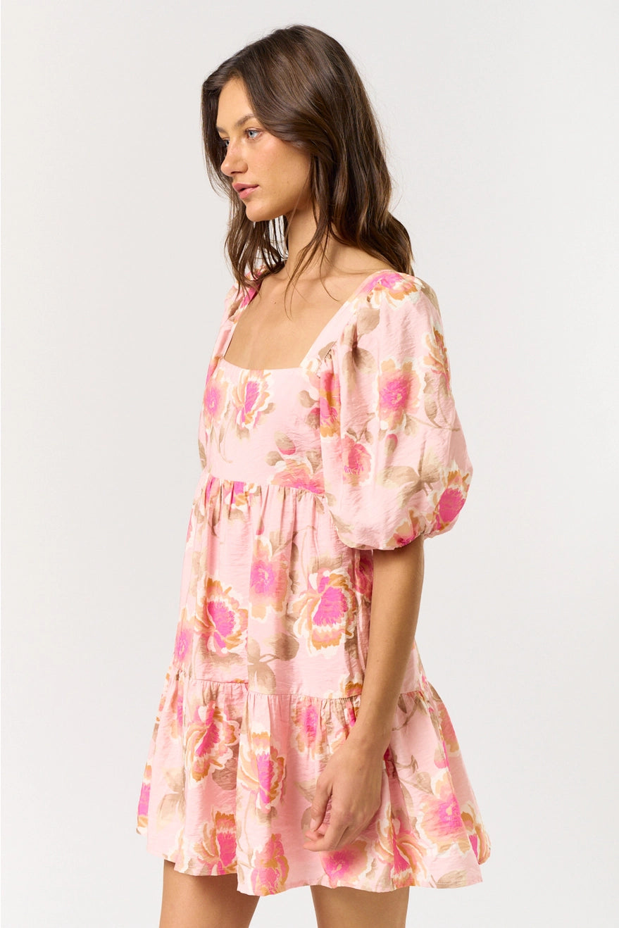 Square Neck Puff Sleeve Ruffled Mini Dress