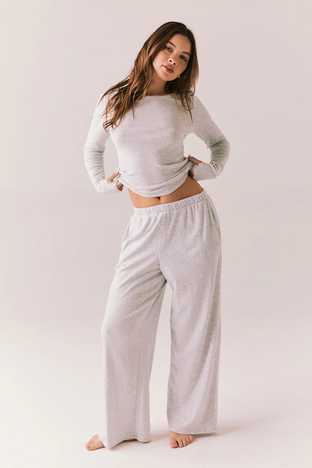 Moonlight Grey Long Sleeve – Fitted Ribbed Top with Thumb Holes