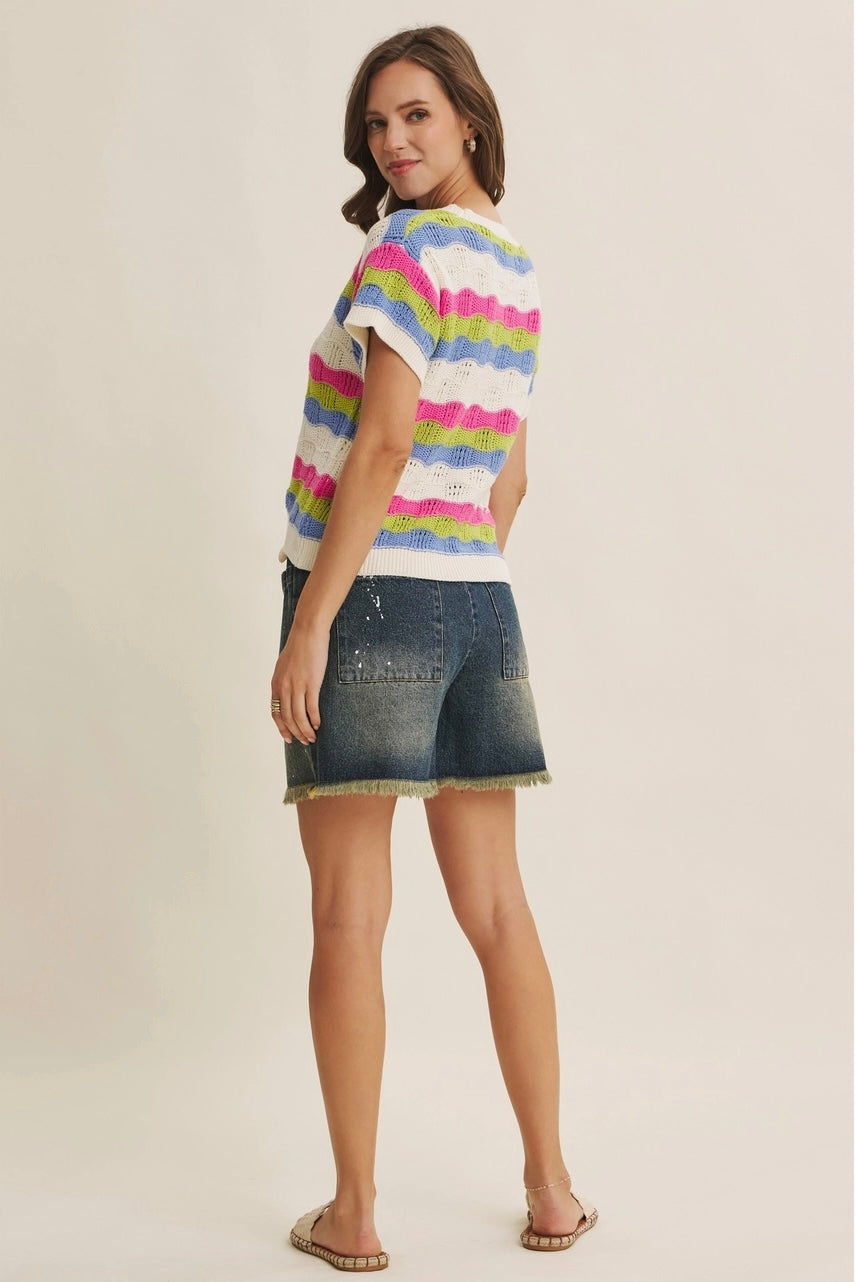 Retro Summer Multi Stripe Textured Crochet Sweater Top