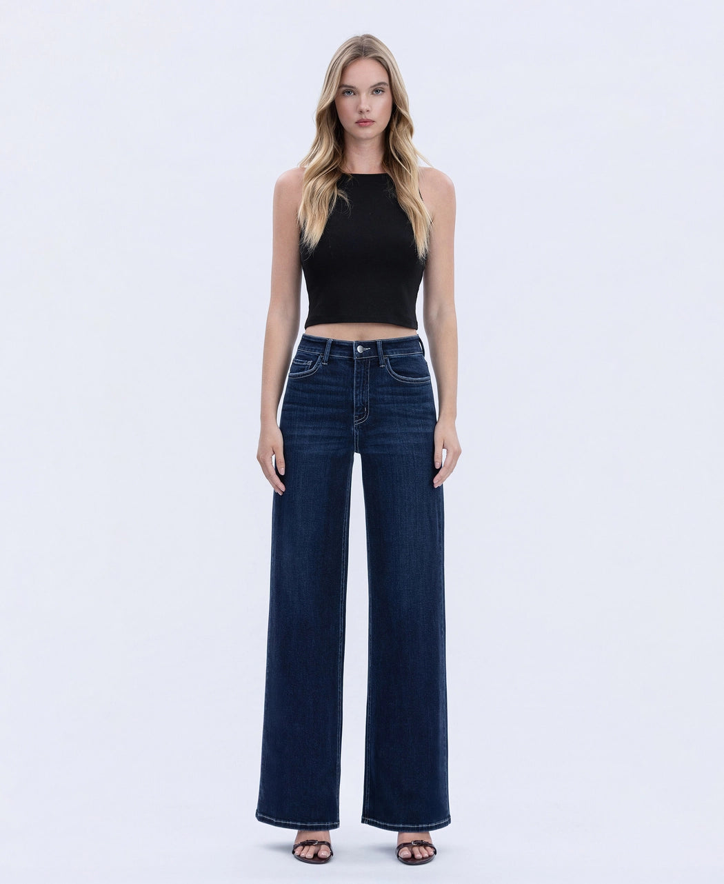 High Rise Dark Wash Full Length Wide Jeans
