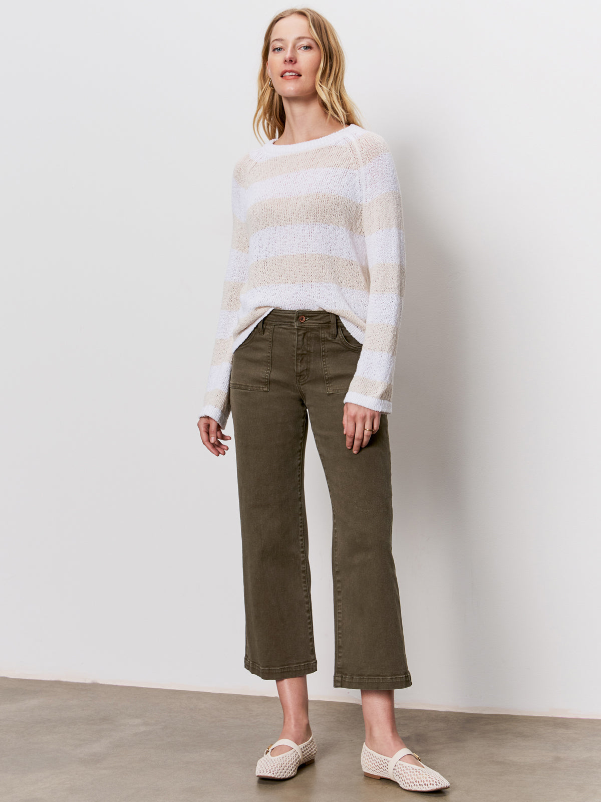 TEXTURED RAGLAN CREW SWEATER WHITE/ LIGHT OAT STRIPE
