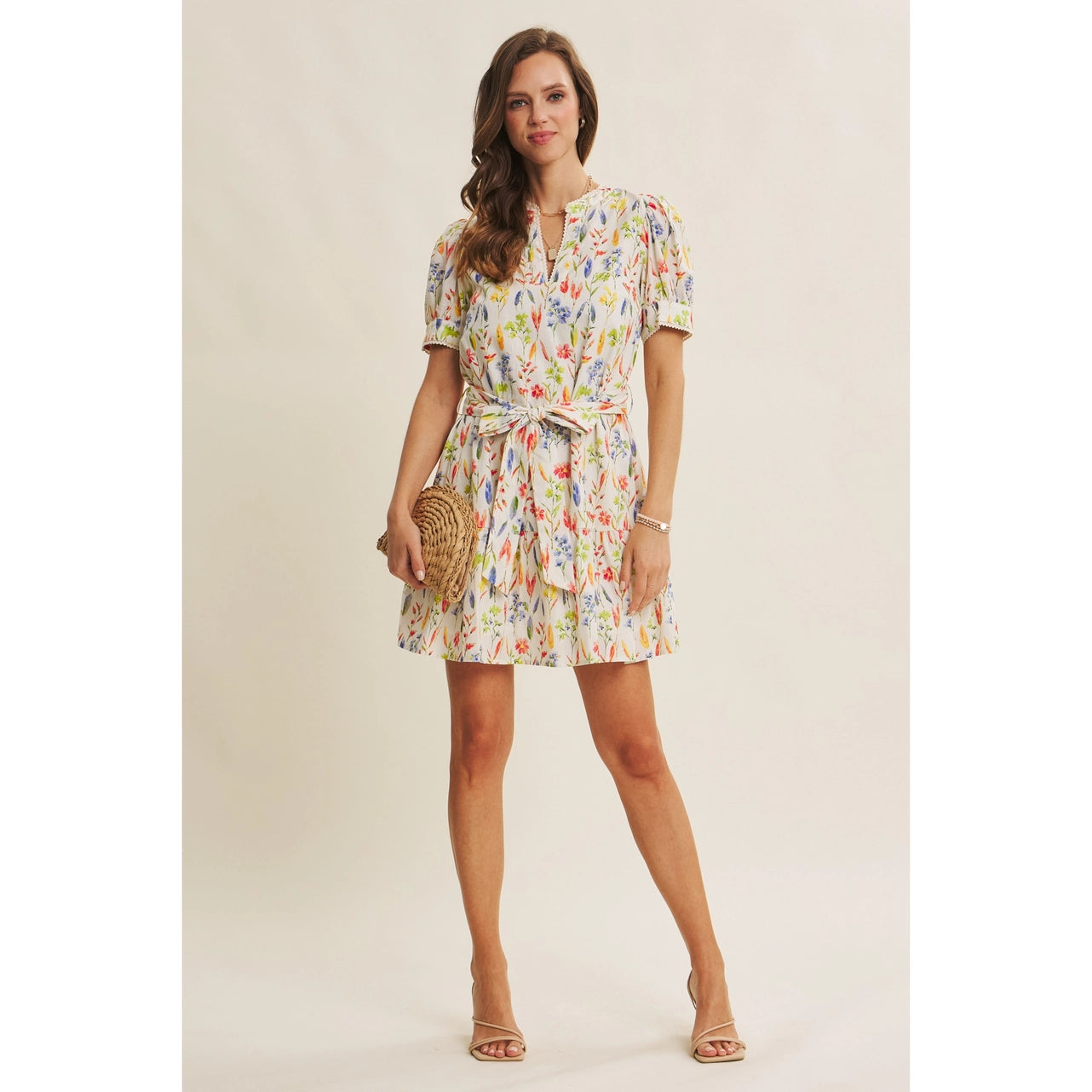 Blossom Field Tiered Puff Slvs Mini Dress with Self Belt