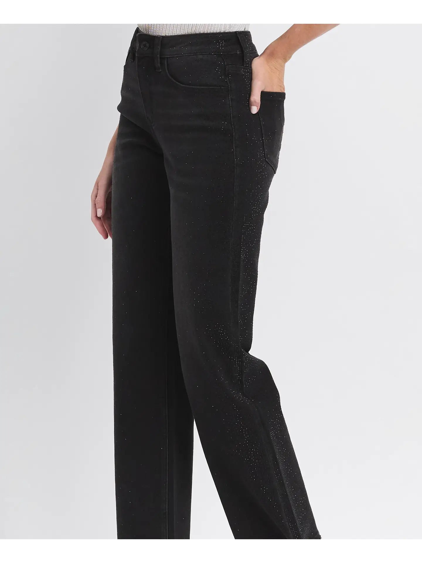 High Rise Rhinestone Detail Slim Wide Jeans