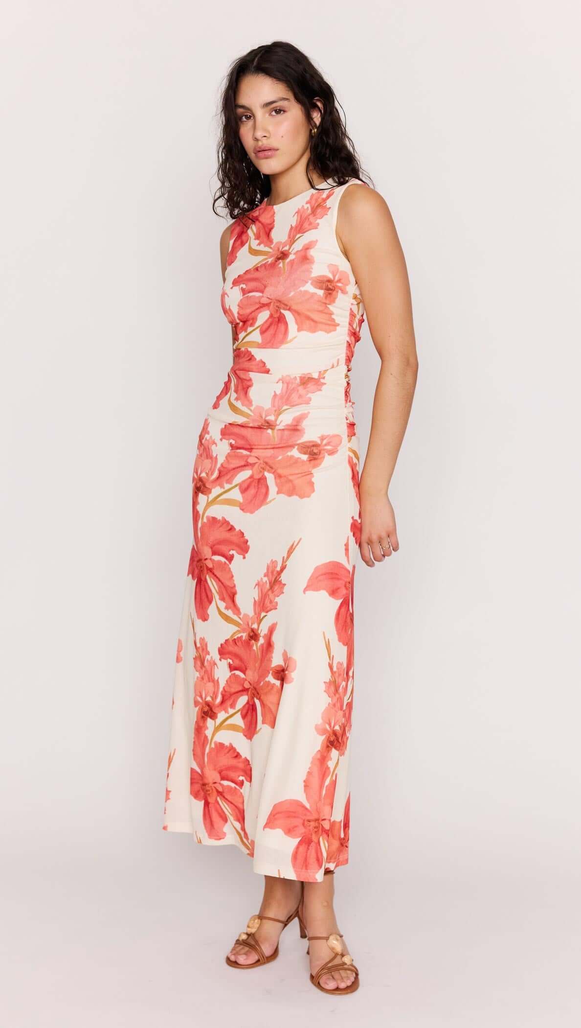PEACH HIBISCUS MESH MIDI DRESS