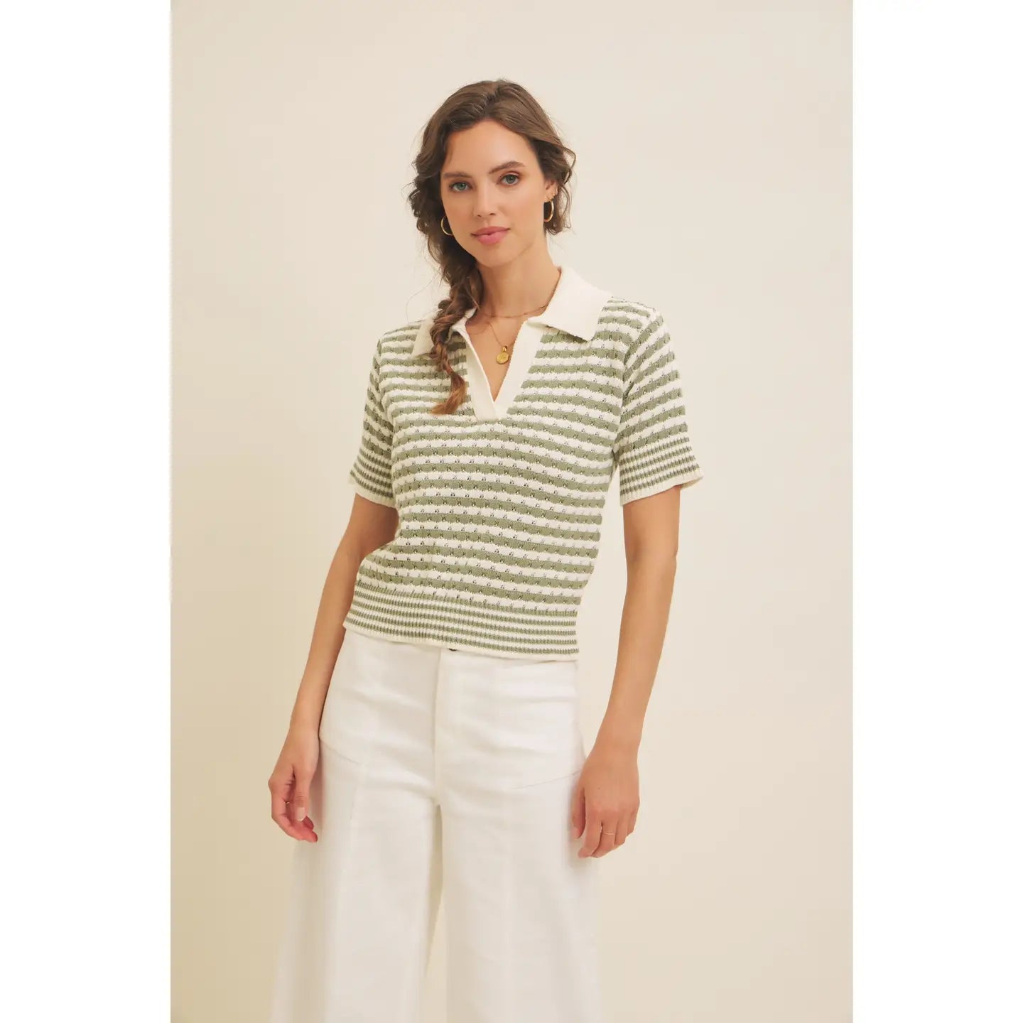 Soft Textured Cotton Stripe Sweater Top with Drop Shoulders