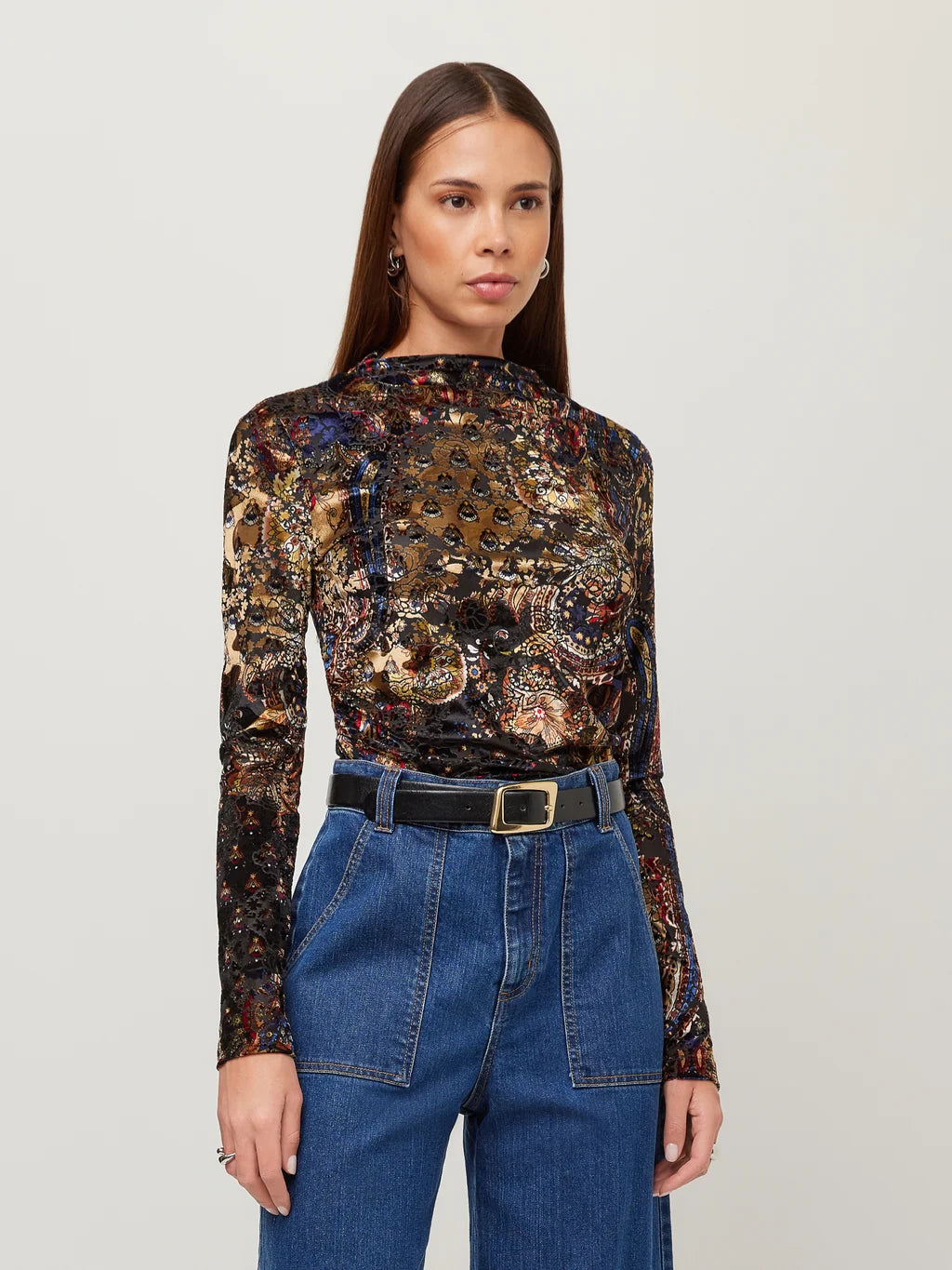 KHAMI VELVET BURNOUT SHIRRED TOP