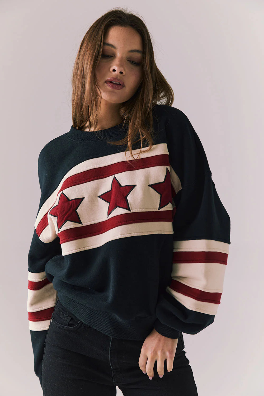 Allstar Colorblock Pullover – Black Sweatshirt with Red Star Print