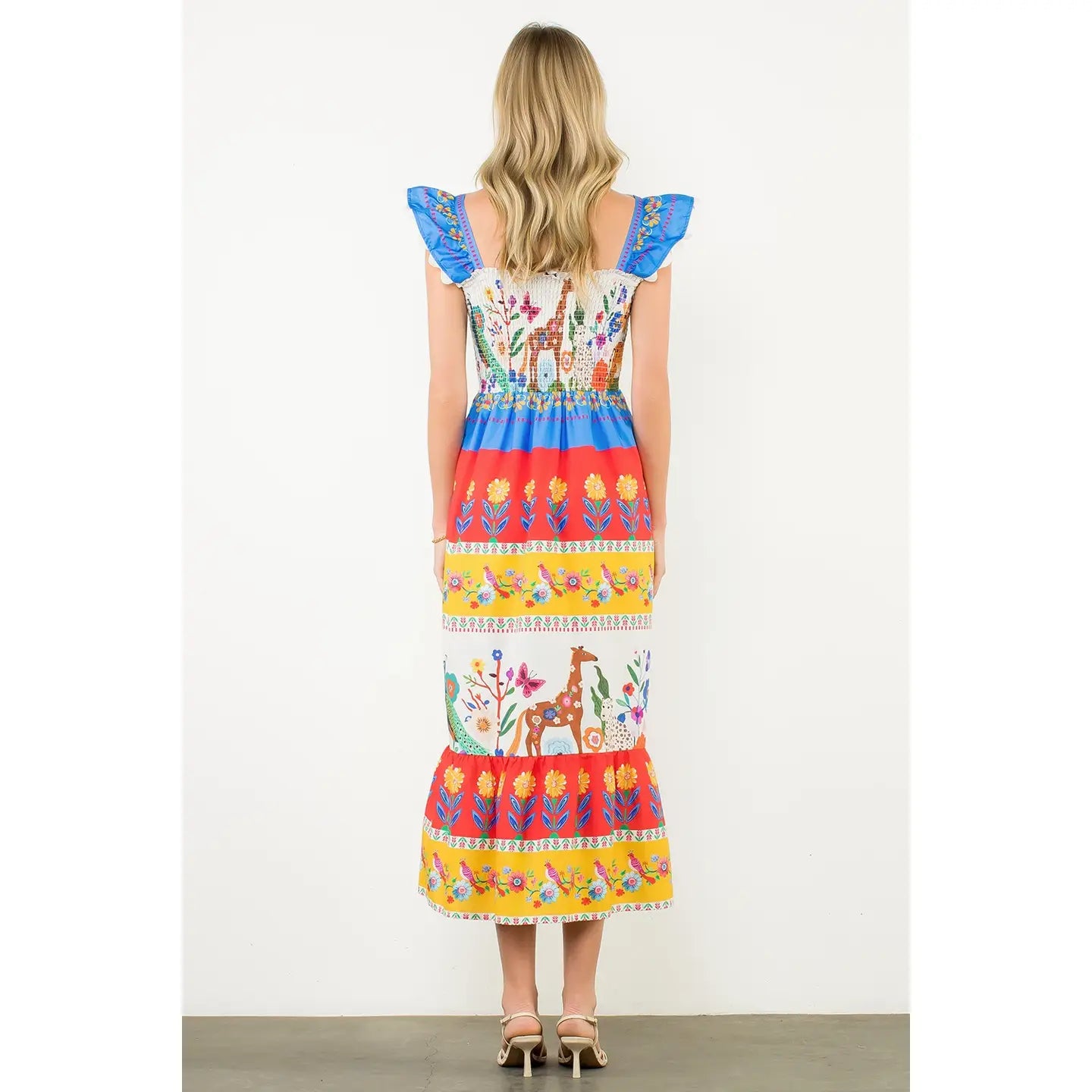 Smocked Flutter Sleeve Animal Print Maxi Dress