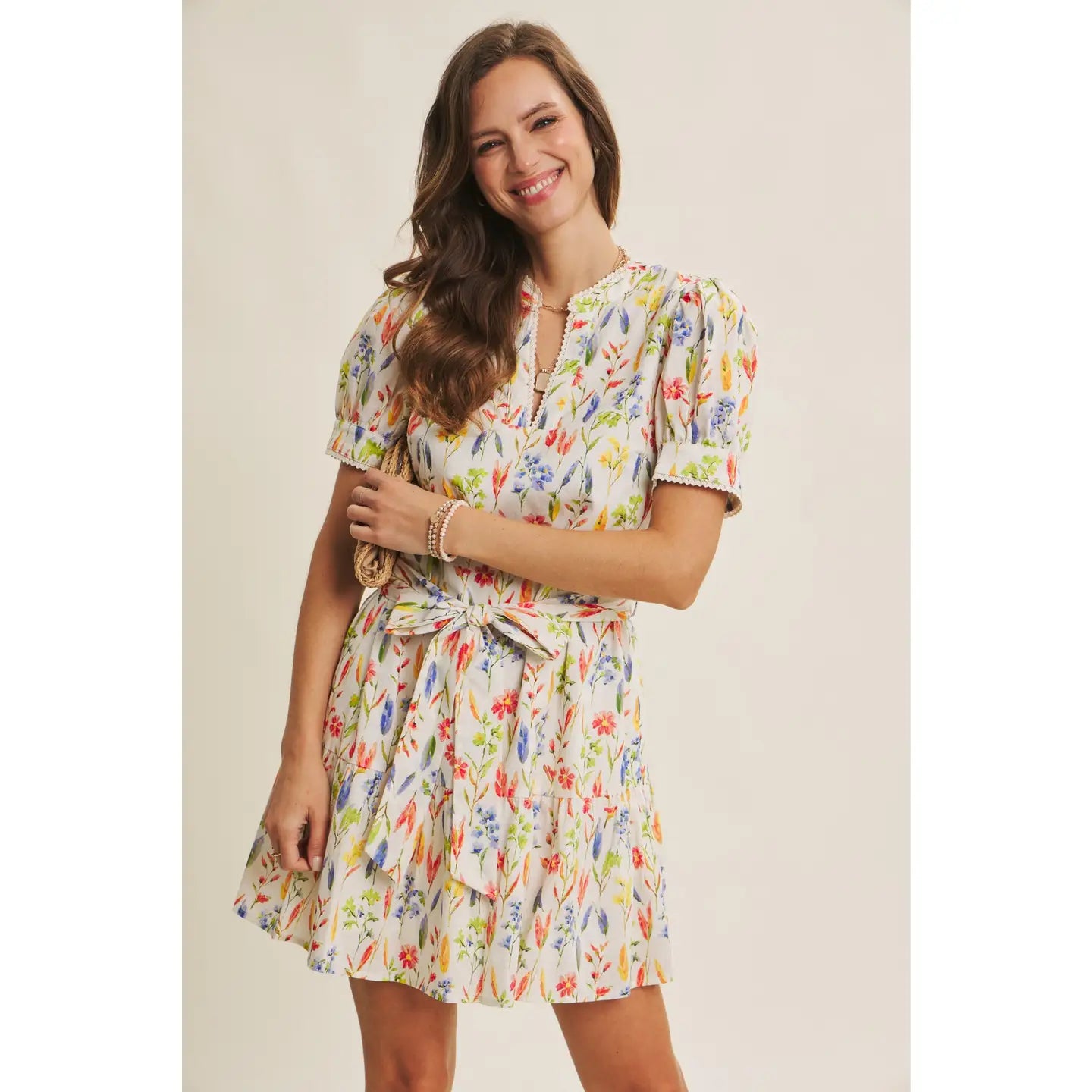 Blossom Field Tiered Puff Slvs Mini Dress with Self Belt