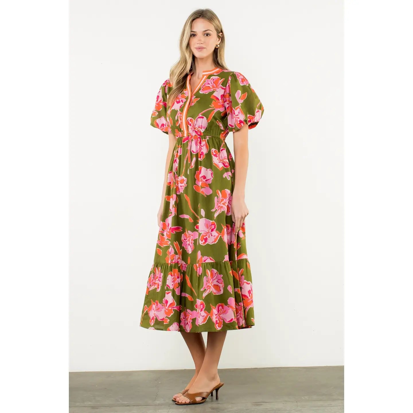 Puff Sleeve Floral Midi Dress