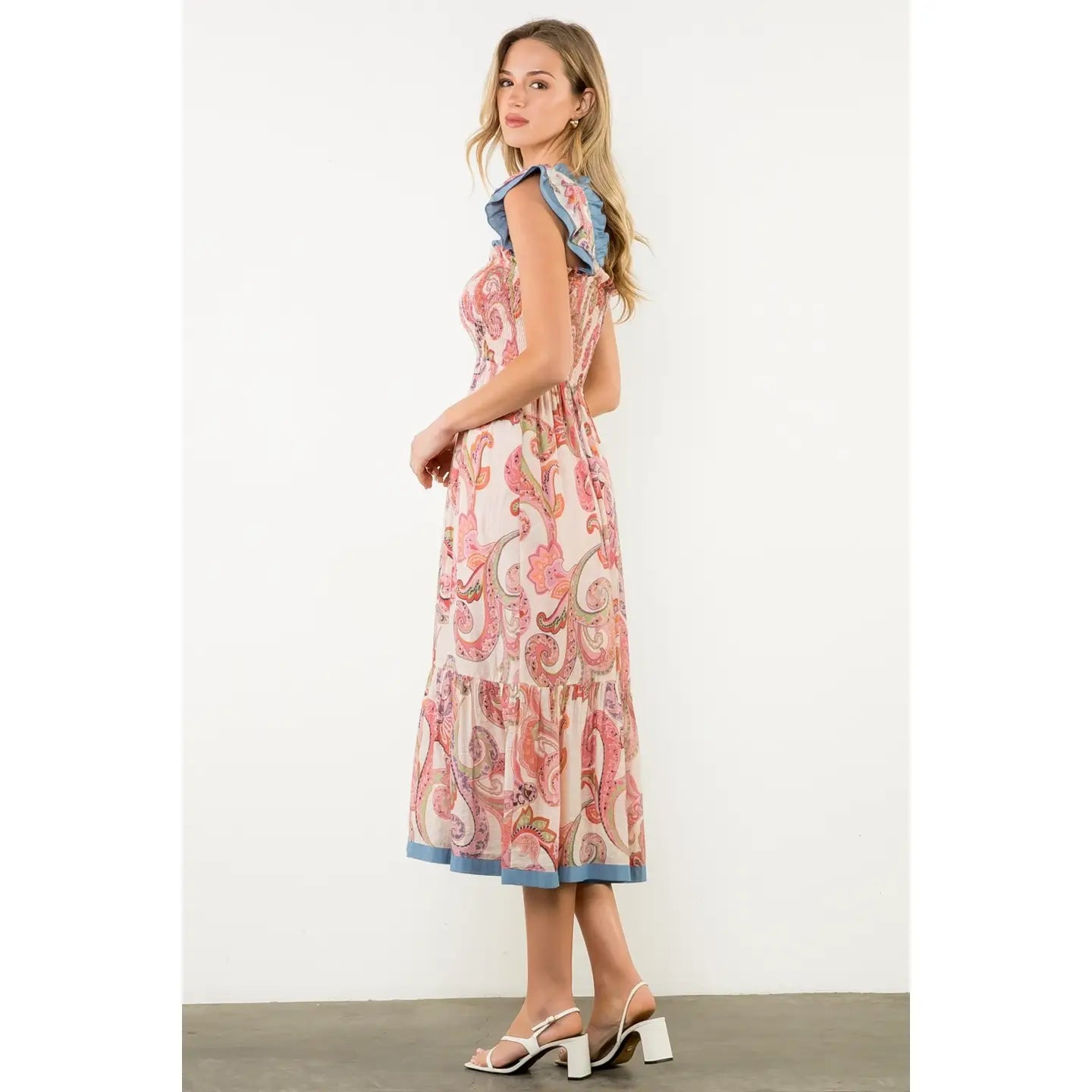 Smocked Flutter Sleeve Paisley Print Maxi Dress