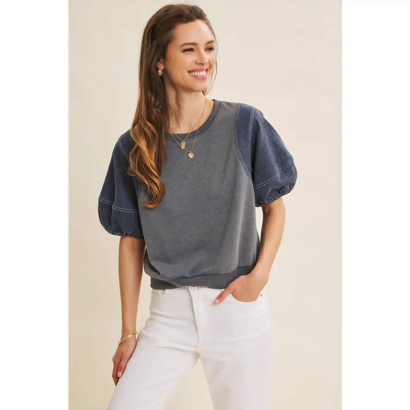 Mineral-Washed Fabric Mix Top with Contrast Stitching