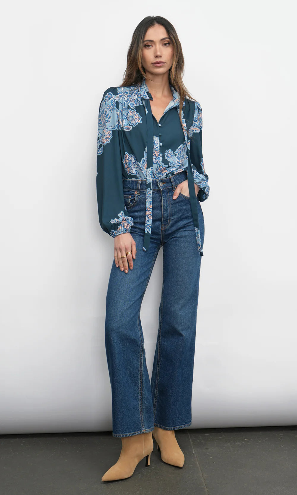 Cierra Button Up Tie Neck Blouse