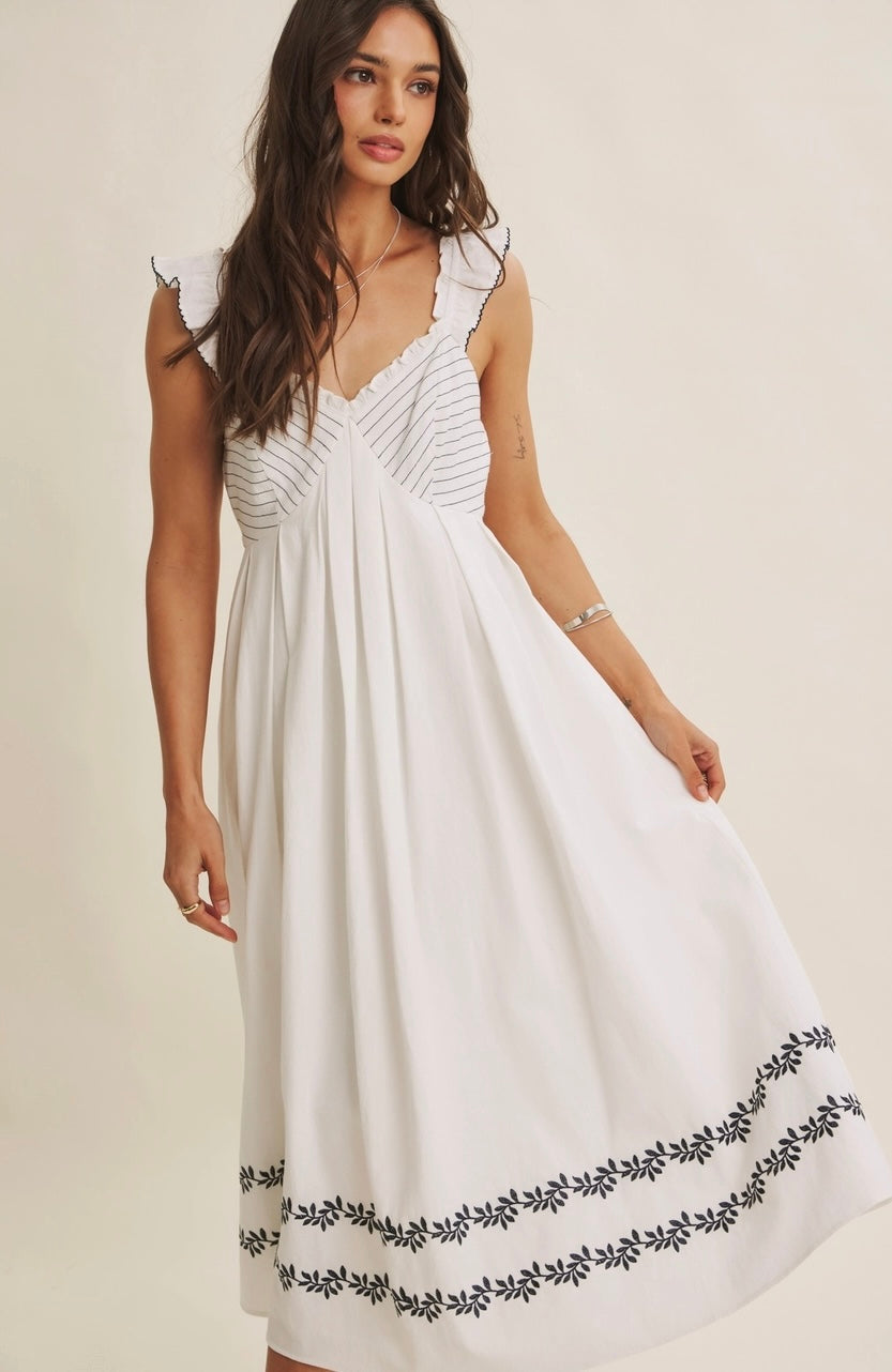 Provence Summer Embroidered Pintuck Ruffle Midi Dress