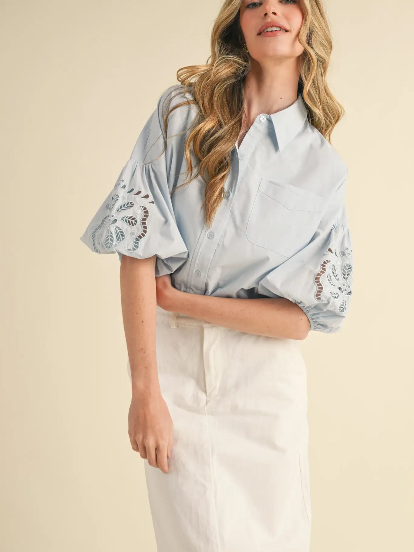 Cut Out Embroidered Bubble Sleeve Top