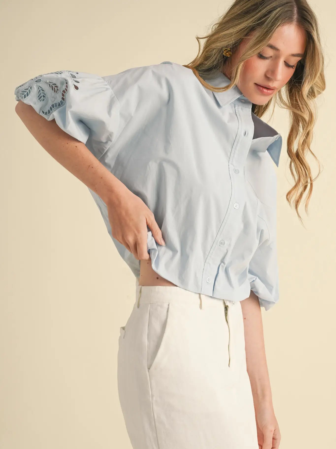 Cut Out Embroidered Bubble Sleeve Top