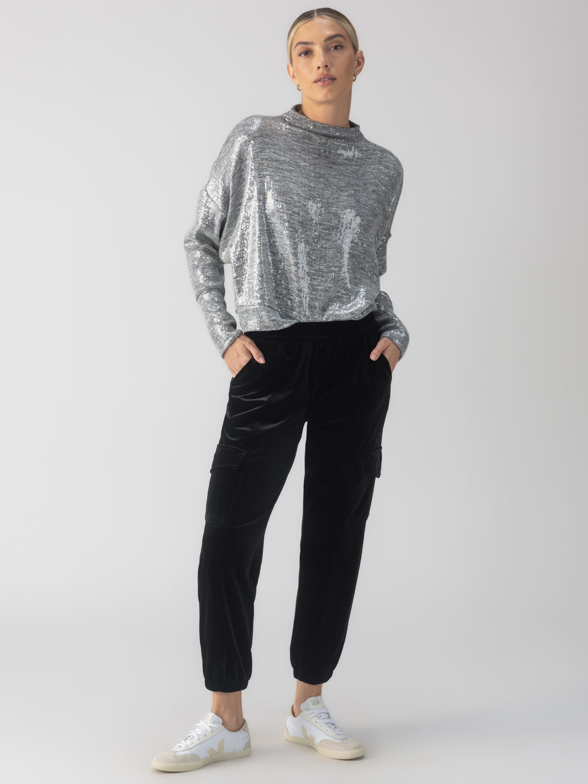 SEQUIN FUNNEL NECK TOP HEATHER GREY SEQUIN