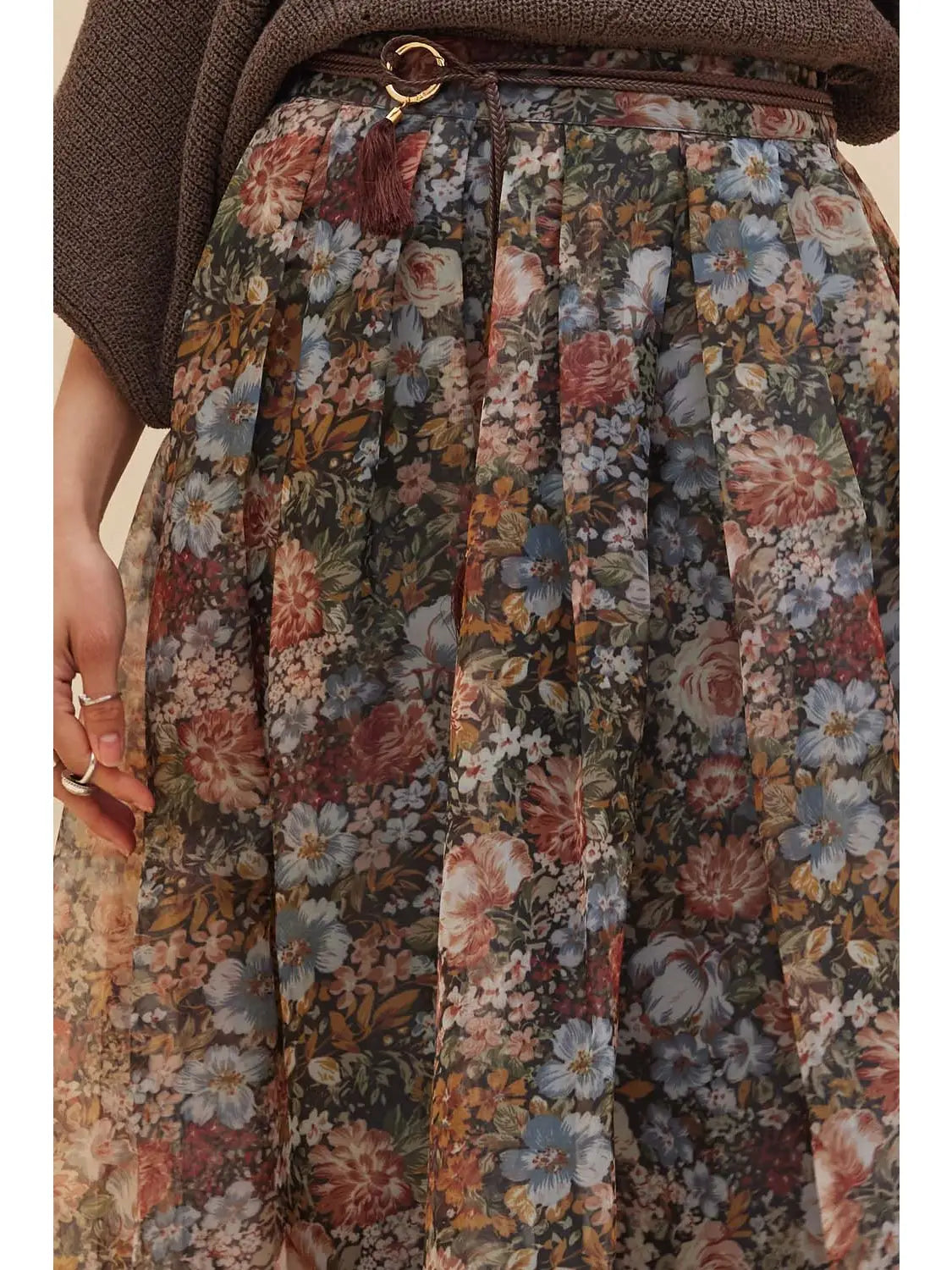 Floral-Print Organza Pleated Midi Skirt
