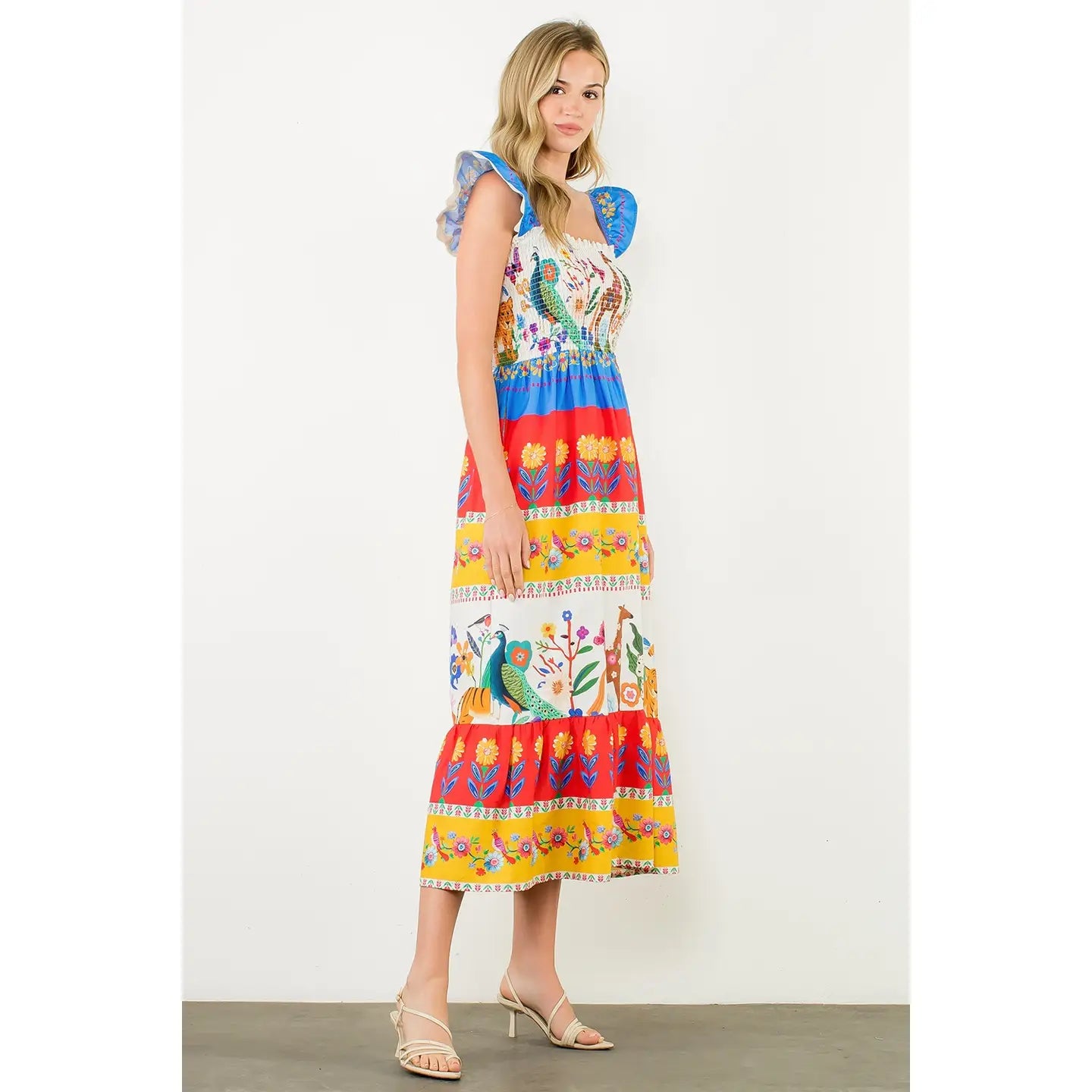 Smocked Flutter Sleeve Animal Print Maxi Dress