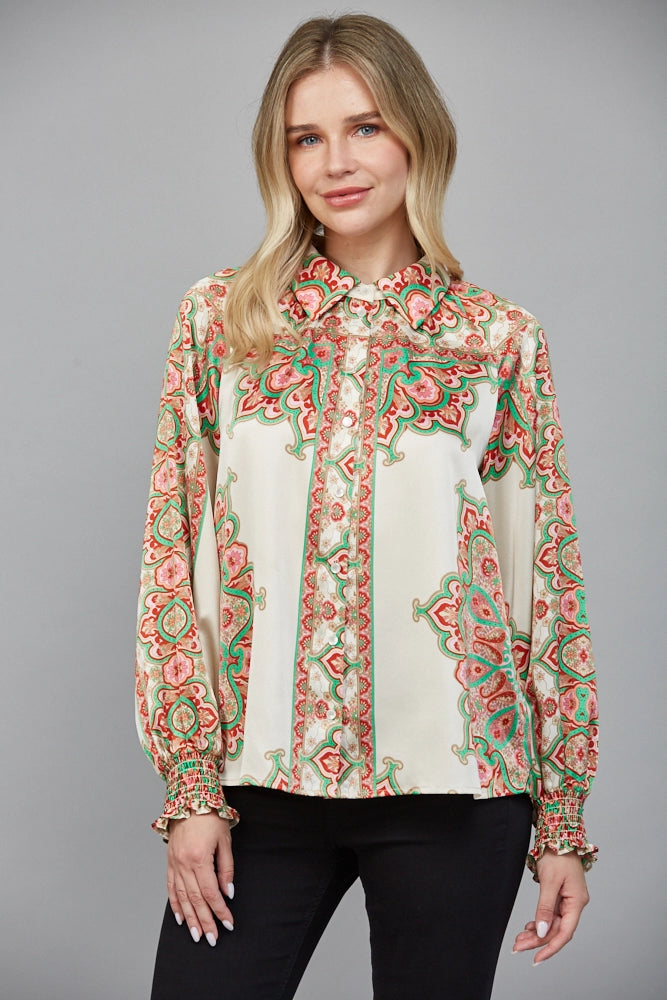 Abstract Border Print Button Down Blouse