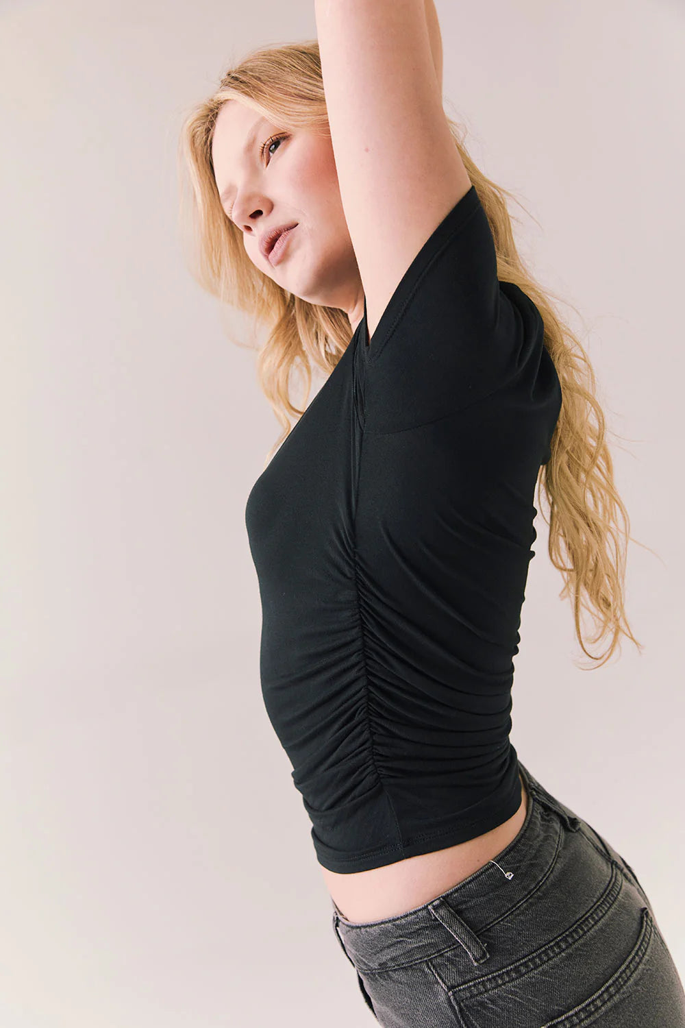 Louis Black Cropped Tee – Ruched Side T-Shirt with High Neck