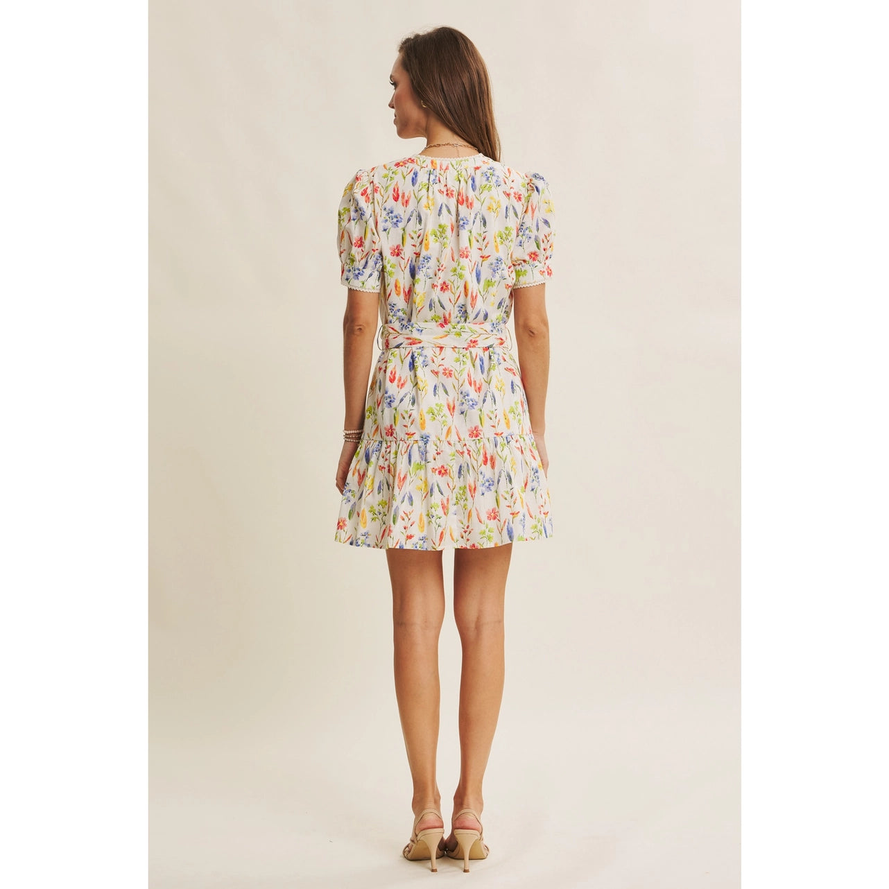 Blossom Field Tiered Puff Slvs Mini Dress with Self Belt