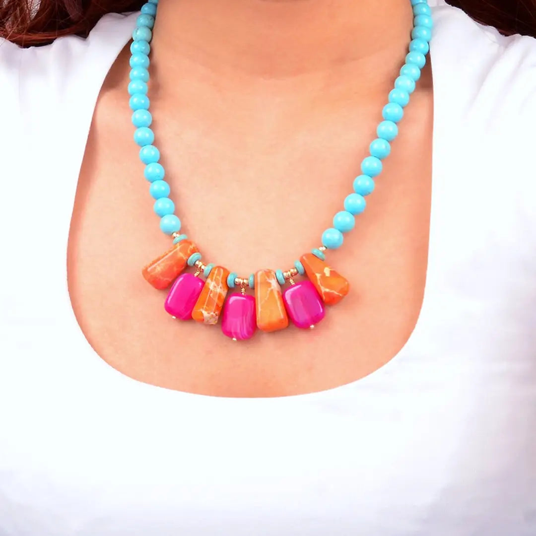 Guadalupe Pink Agate and Blue Turquoise Statement Necklace