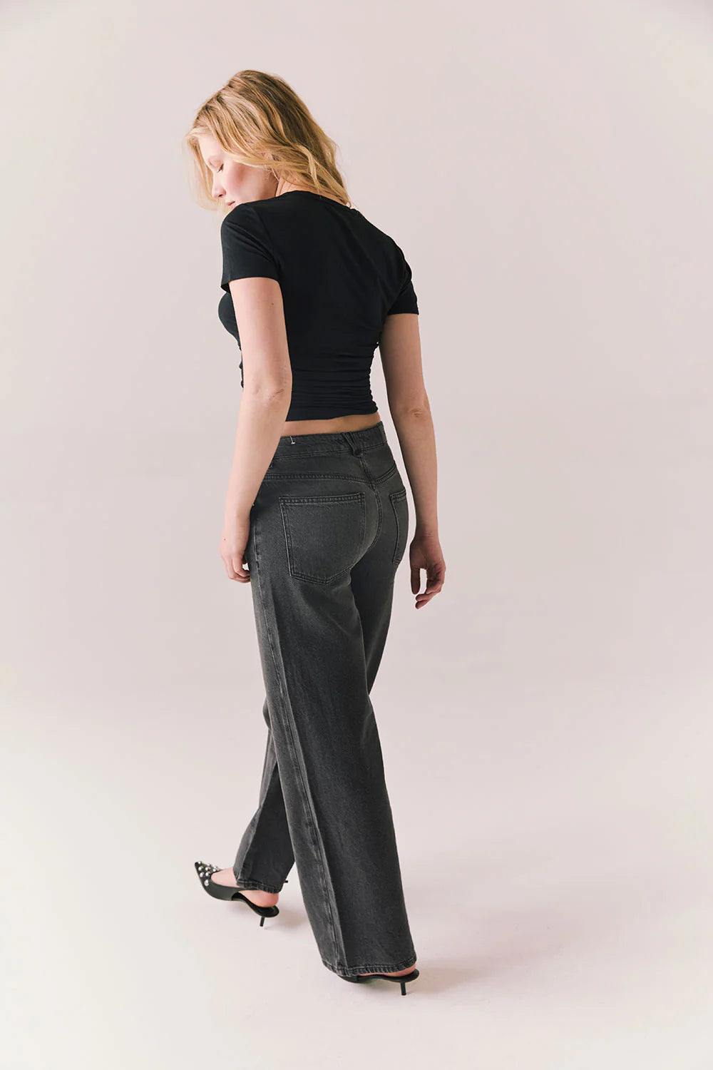 Louis Black Cropped Tee – Ruched Side T-Shirt with High Neck