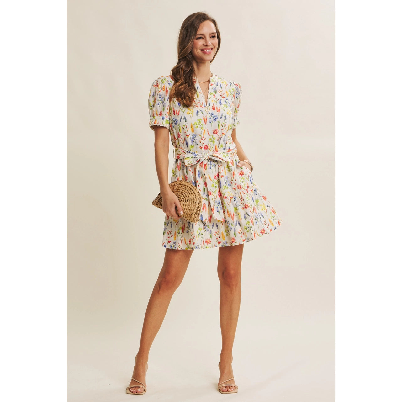 Blossom Field Tiered Puff Slvs Mini Dress with Self Belt