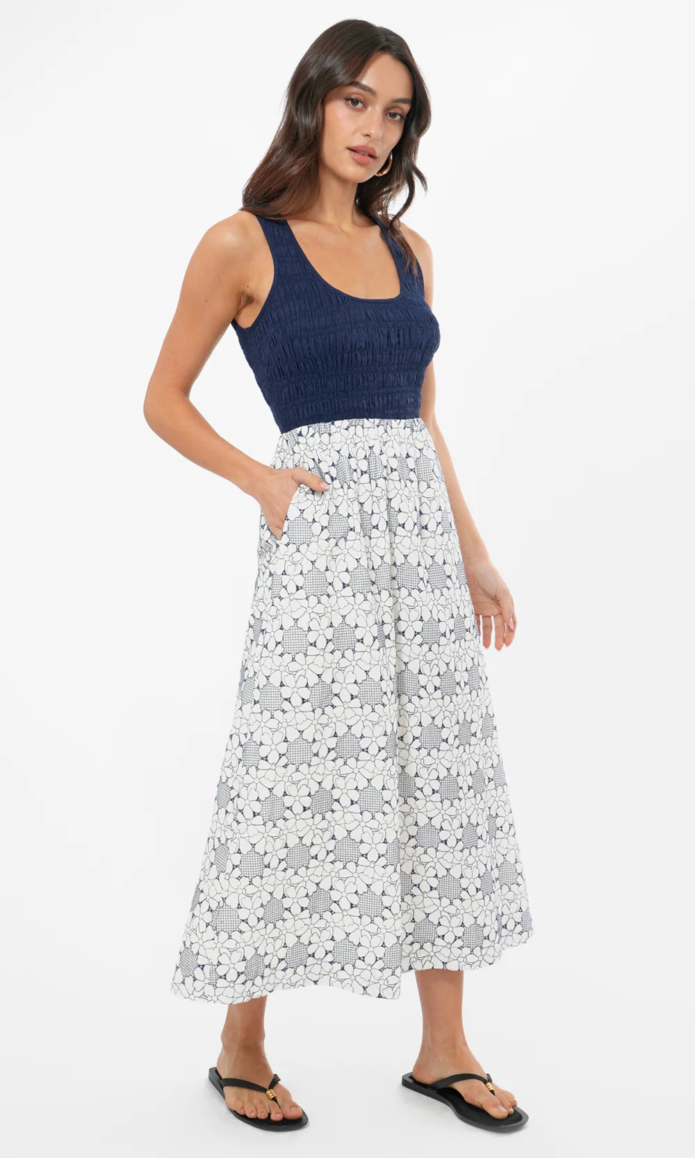 Faye Smocked Sleeveless Embroidered Midi Dress
