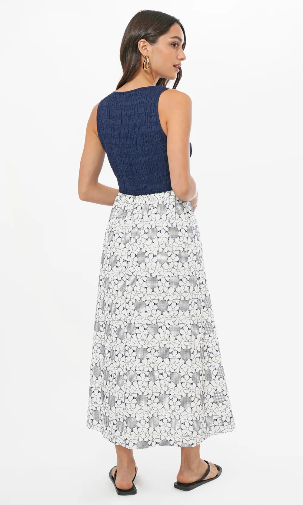 Faye Smocked Sleeveless Embroidered Midi Dress